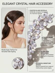 1 pieza Elegante clip para el cabello con decoración de hoja de strass, pasador francés de estilo botánico en tono plateado, accesorio para el cabello de novia para boda y fiesta de mujeres - Plateado - Ver 5