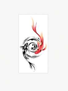1片陰陽與金魚圖案中國水墨畫臨時紋身貼紙，逼真紋身設計，適合旅行、音樂節、遊戲、畢業禮物，可維持3-5天 - 彩色 - 查看 4