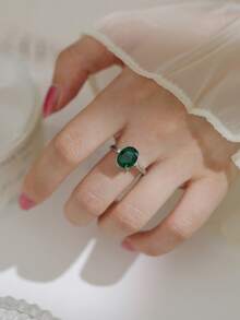 Nooxian 1pc Emerald Oval Zirconia Ring, Silver Tone Thin Band With Rhinestones, Light Luxury Niche Versatile Jewelry For Women - Multicolor - View 2