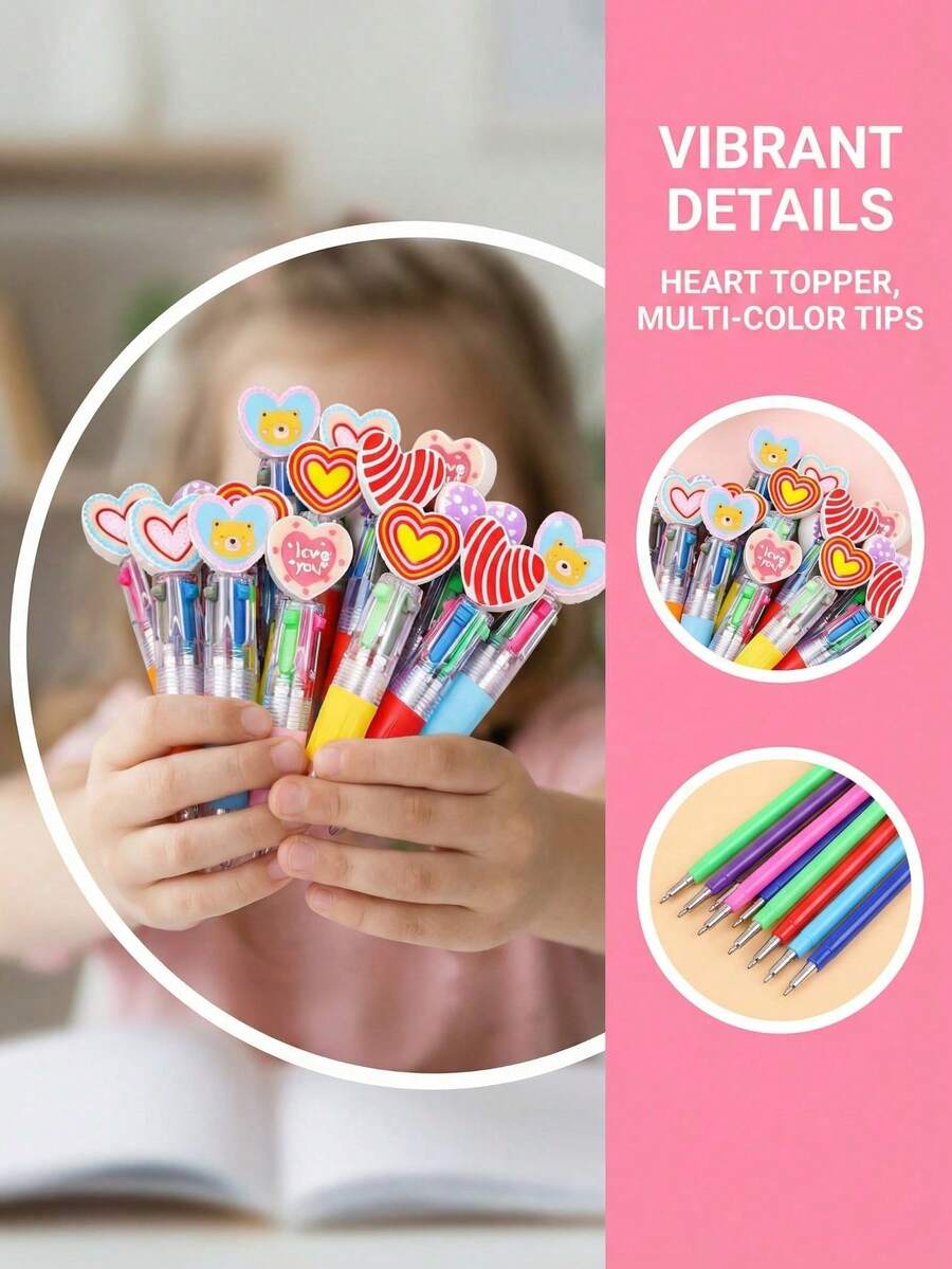 Cute Heart-Shaped 4-In-1 Multi-Color Ballpoint Pen, Children's Cartoon Retractable Multi-Color Pen, Birthday And Kids Party Gift Set - Multicolor - View 1