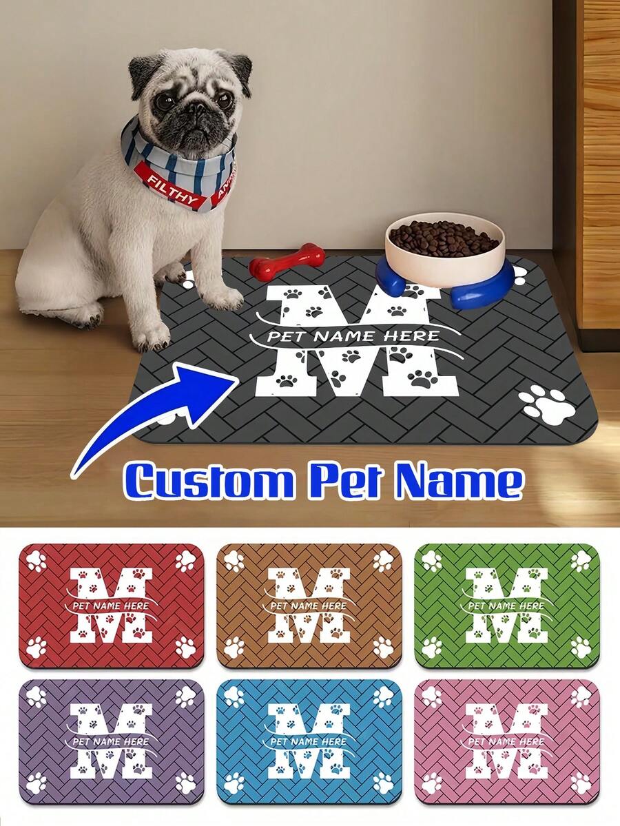 Personalized Custom Absorbent Dog Food Mat, Dog Feeding Mat, Pet Paw Print Pattern, Personalized Dog Food Mat With Pet Name, Personalized Dog Mat, Can Be Customized According To Your Dog's Name, Perfect For Protecting Floors And Keeping Feeding Area Clean - Multicolor - View 1