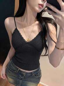 New Lace Camisole Top For Women, Apricot Color, Slim Fit, Versatile, With Padded Bust Black Casual Summer - Black - View 4