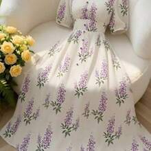 Nuevo vestido de vacaciones con cuello en V, cintura fruncida, estampado floral diminuto y mangas abullonadas, elegante y estilizador . - Multicolor - Ver 1