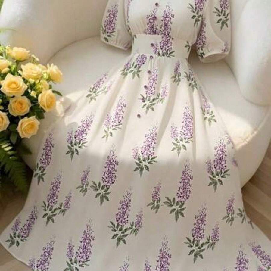Nuevo vestido de vacaciones con cuello en V, cintura fruncida, estampado floral diminuto y mangas abullonadas, elegante y estilizador . - Multicolor - Ver 1
