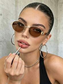 2pcs Summer Fashion Eyeglasses Set, Retro Oval Metal Frame Decorative Glasses, Unisex Street Style Casual Commute Accessory - 2pcs Oval Gray-brown - View 6