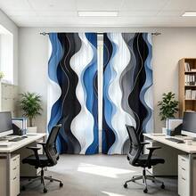 2PCS Geometric Abstract Curtains, Blue Abstract Wavy Lines Simple Curtains, Polyester Fiber, Pole Pocket Design, Privacy Protection, UV Protection, Room Decoration, Home Decoration, Versatile Decorative Curtains - Multicolor - View 1