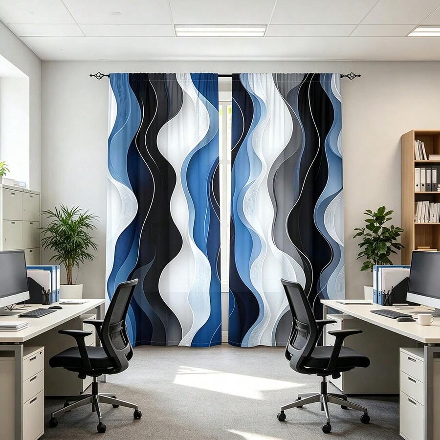 2PCS Geometric Abstract Curtains, Blue Abstract Wavy Lines Simple Curtains, Polyester Fiber, Pole Pocket Design, Privacy Protection, UV Protection, Room Decoration, Home Decoration, Versatile Decorative Curtains - Multicolor - View 1