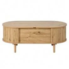 Oval Coffee Table In MDF With Vertical Slats, Sliding Doors And 2 Drawers. - Natural Color - View 9