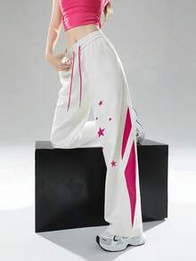 JUTU Loose Fit Colorblock Star Print Ice Silk Thin Drawstring High Waist Casual Pants, Suitable For Spring, Summer And Autumn, Straight Leg Design For Women - White and Red - View 5