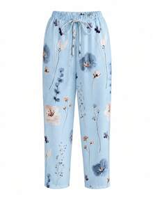Pantalones largos con estampado floral y cintura con cordón para mujer talla grande, para vacaciones - Celeste - Ver 3
