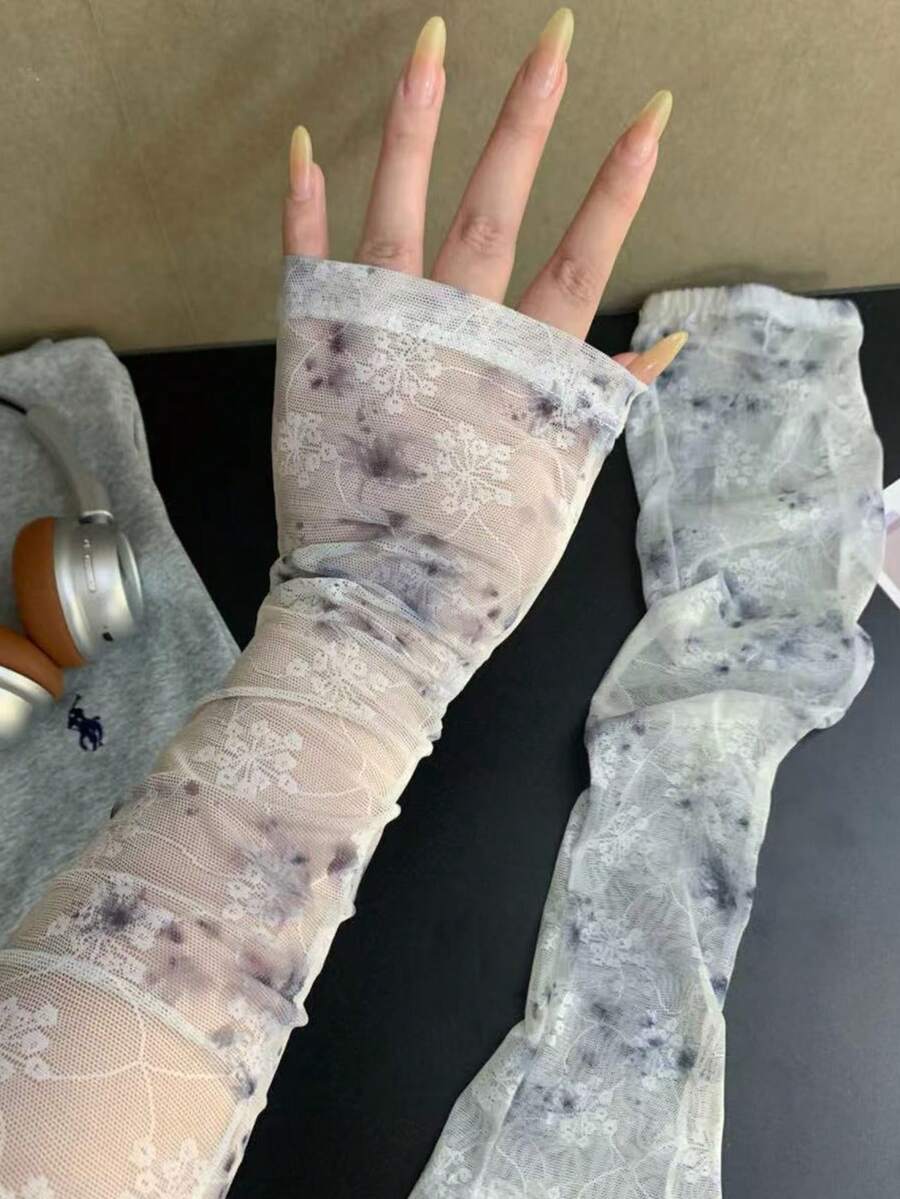 1雙女款紮染蕾絲網格露指袖套，柔軟薄款透氣造型手臂保暖套