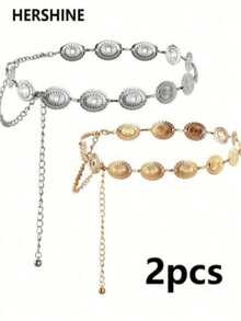 2pcs/Set Bohemian Vintage Western Style Women's Belt With Lace And Metal Plate Waist Chain, Suitable For Daily Commute And Versatile Occasions Like Friends Gathering, Vacation Dinner, Ball, Party, Music Festival, Etc. Also Can Be Given As A Gift To Friends, Family, Mother, Girlfriend, Or As A Birthday Gift, Valentine's Day Gift, Mother's Day Gift. - Multicolor - View 1