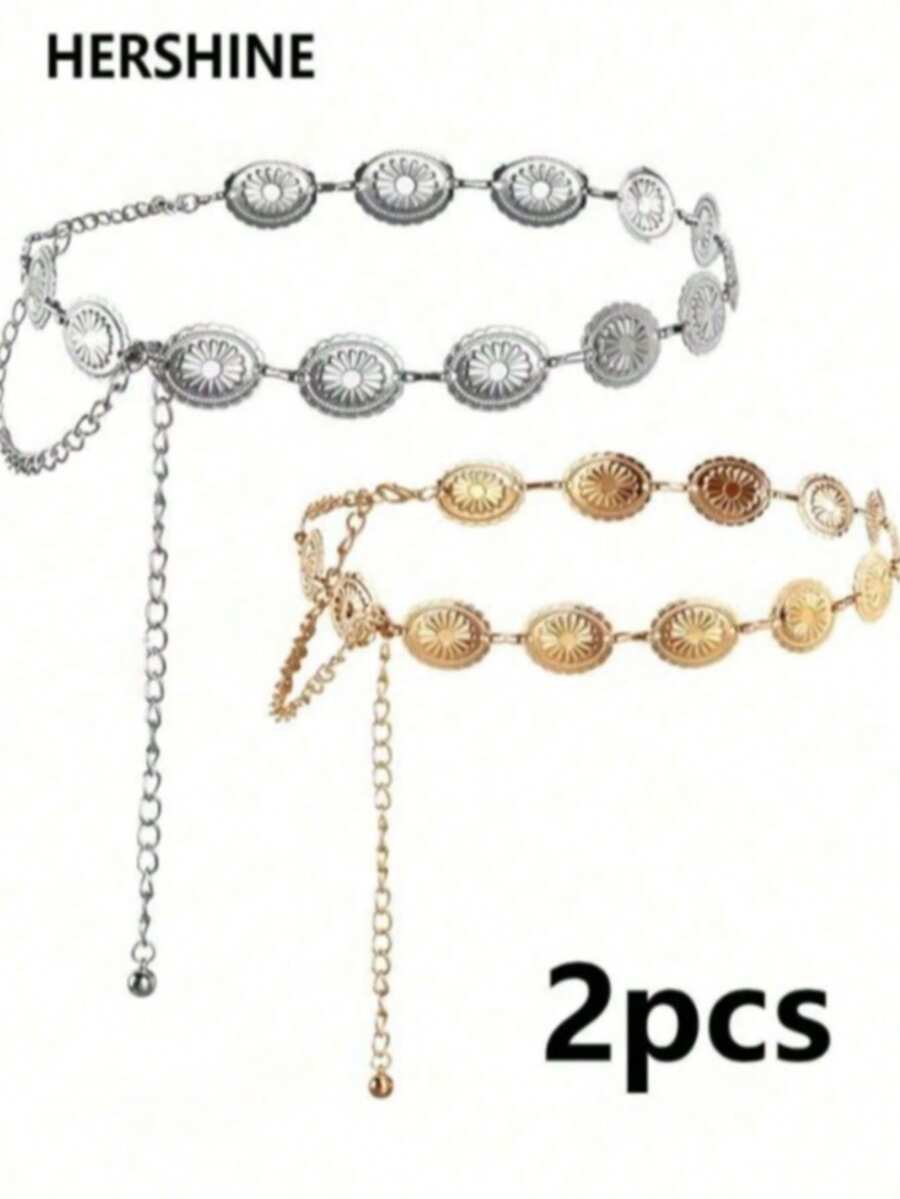 2pcs/Set Bohemian Vintage Western Style Women's Belt With Lace And Metal Plate Waist Chain, Suitable For Daily Commute And Versatile Occasions Like Friends Gathering, Vacation Dinner, Ball, Party, Music Festival, Etc. Also Can Be Given As A Gift To Friends, Family, Mother, Girlfriend, Or As A Birthday Gift, Valentine's Day Gift, Mother's Day Gift. - Multicolor - View 1