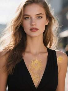 Gold Foil Sheet Bracelet And Moon Pattern Temporary Tattoo Stickers, Suitable For Body Painting Decoration, Perfect For Girls - Gold - View 3