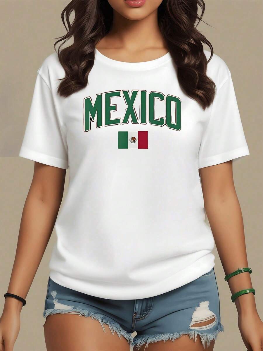 Women's 100% Cotton 180g T-Shirt, National Pride And Mexican Spirit Represented By The Tricolor Flag And The Name Mexico In Large Letters. Comfortable And Modern 100% Cotton T-Shirt For Everyday Wear - 白色 - 查看 1