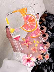 1 pieza Funda de teléfono suave con cojín de aire antideslizante con patrón de hibisco rosa, estrella de mar, naranja y limón para cóctel compatible con iPhone 11/12/13/14/15/16 Pro Max - Multicolor - Ver 2