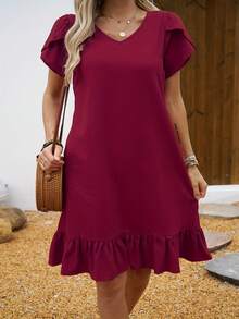 Women's Dress With V-Neck, Shell Sleeves And Ruffles - 鵝黃色 - 查看 4