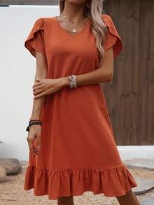 Women's Dress With V-Neck, Shell Sleeves And Ruffles - Dark Blue - View 5