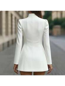 Vestido corto de manga corta, cuello alto, botones simples, de color liso, elegante y favorecedor para la figura - Blanco - Ver 3