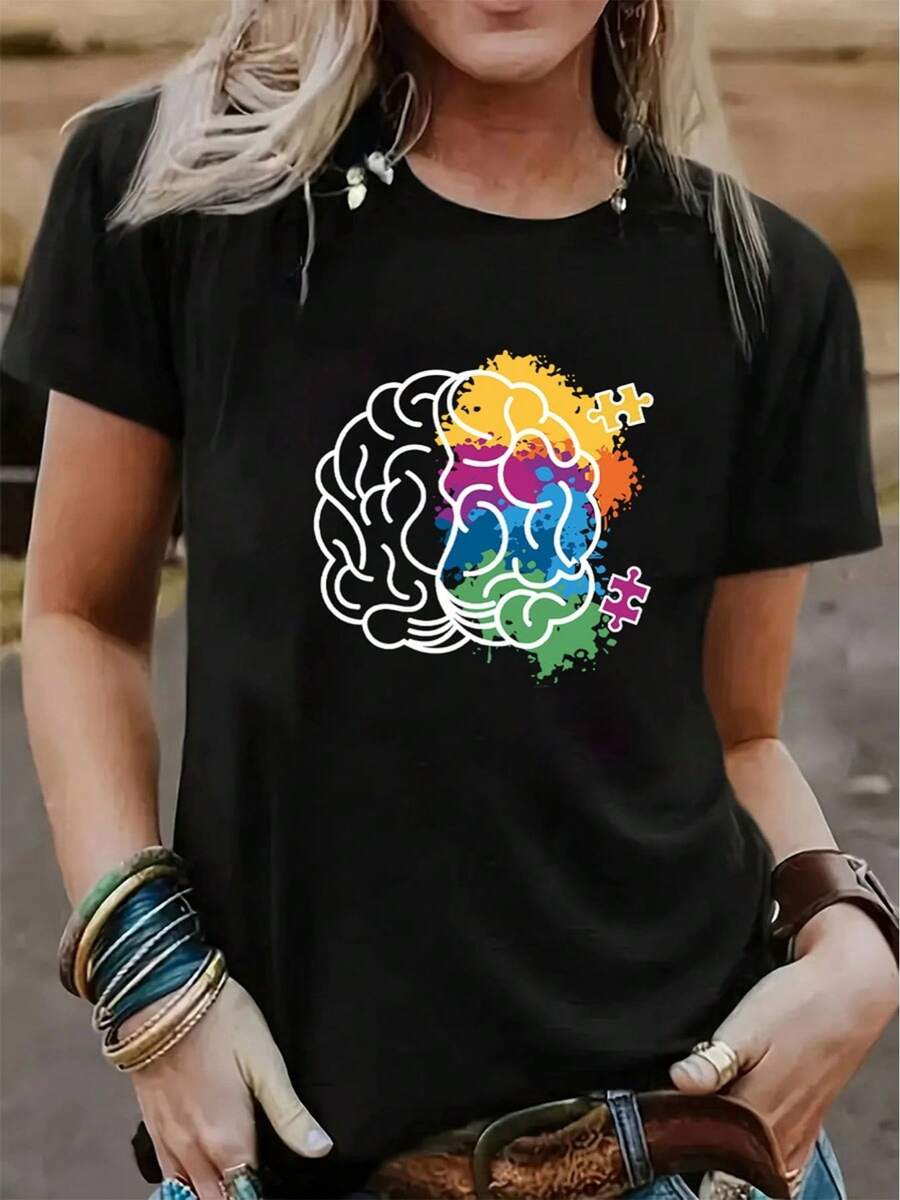 Women's Short Sleeve T-Shirt With Round Neck And Puzzle Print, Loose Fit Style For Spring And Summer - 黑色 - 查看 1