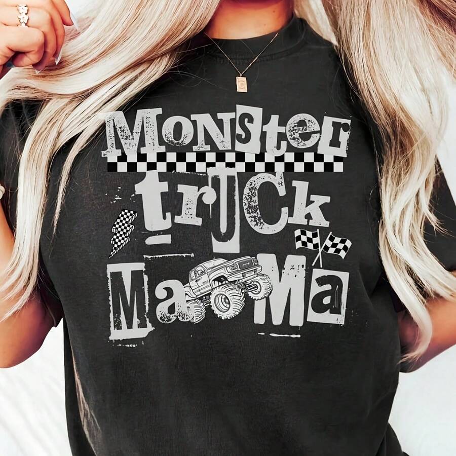 MNster Truck Mama Shirt MNster Truck Mom T-Shirt Grunge MNster Trucks Checkered Mama Tee Birthday - Negro - Ver 1