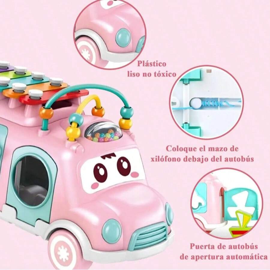Baby School Bus Toy Percussion Instrument Shape Sorting Sensory Learning Toy For Boys Girls Intelligence Development Pink - Pink - View 1
