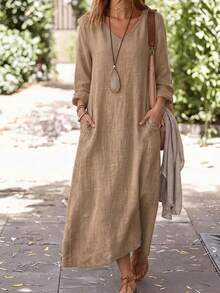 Women's Minimalist V-Neck Long Sleeve Loose Linen Midi Dress, Suitable For Vacation, Casual, And Office Commute Elegant - Brown - View 3