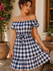 Elegant Women's Strapless Checkered Dress - Casual Fashion - Black and White - View 3