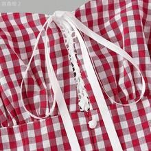 xuehuamaoyi02  MOD Vestido midi de estilo romántico y campestre a cuadros rojos y blancos - Celeste - Ver 8