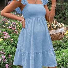 YYRR Lyckli Maternidad Vestido con cordón trasero bajo con fruncido - Celeste - Ver 5