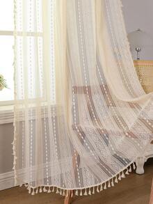 1 Panel Bohemian Lace Tassel Sheer Curtain, Rod Pocket Translucent Window Treatment, French Vintage Textured Cream Style Curtain, Suitable For Living Room And Bedroom, Combining Privacy Protection And Light Filtering Functions - Beige - View 3