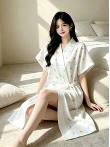 純棉紗布印花前綁帶浴袍，透氣和服風居家服，適合成人浴室、桑拿、早晨穿著 - 星月 - 查看 3