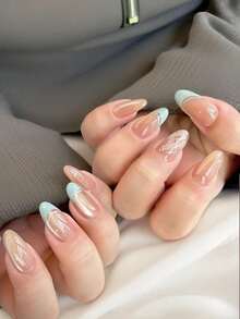 10pcs Almond Fake Nails With Nude Milk Tea Base, Mint Green French Tips & Delicate Silver Feather Texture Accents Fresh Elegant Style Handmade Press On Acrylic Nails Reusable Nail Supplies Including 1pc Jelly Glue Sticker, 1pc Stick And 1pc Nail File - Multicolor - View 4