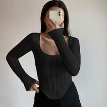 U-Neck Top With Water Wave Design, Fitted Cut, Exposed Waist, Sexy Long-Sleeved T-Shirt For Women 2026 - 黑色 - 查看 3