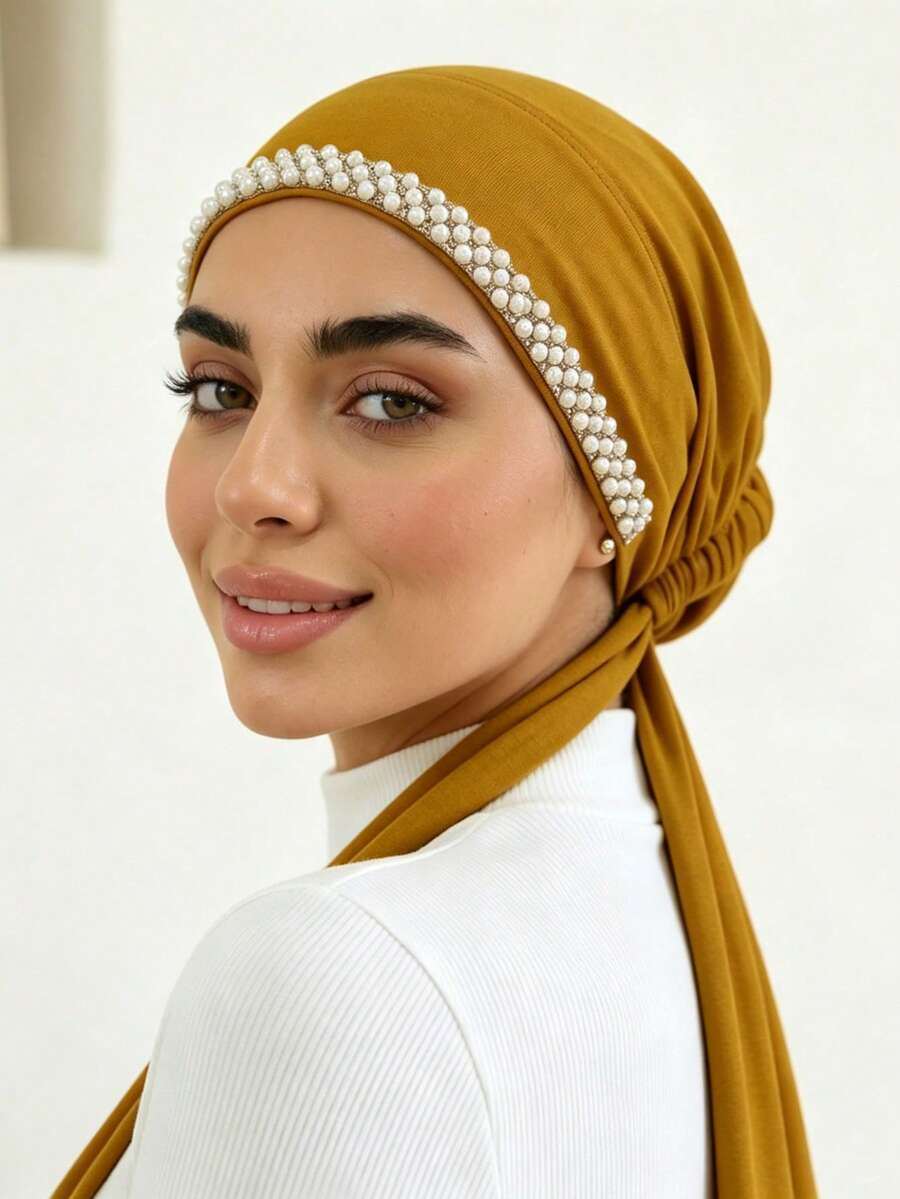 1PC Women's Fashion Solid Color Rhinestone Muslim Tie-Up Hat, Versatile Scarf Headwrap Undercap, Suitable For Daily Wear