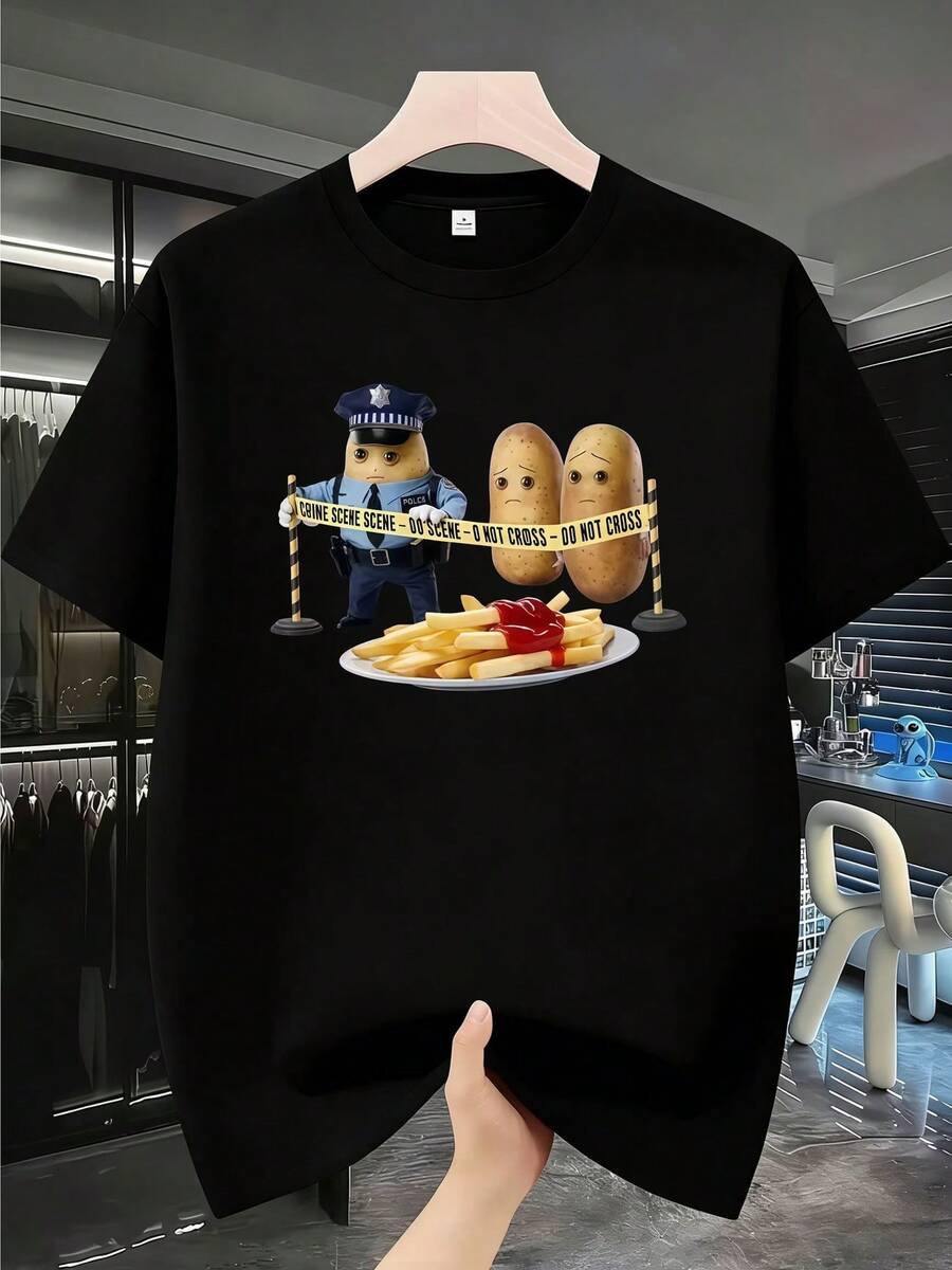 Vibrant French Fry Lovers-Shirt - Funny Cartoon Potato Popping French Fries Graphic T-Shirt, Crew Neck Unisex Foodie Casual Short Sleeve Tee - 黑色3 - 查看 1