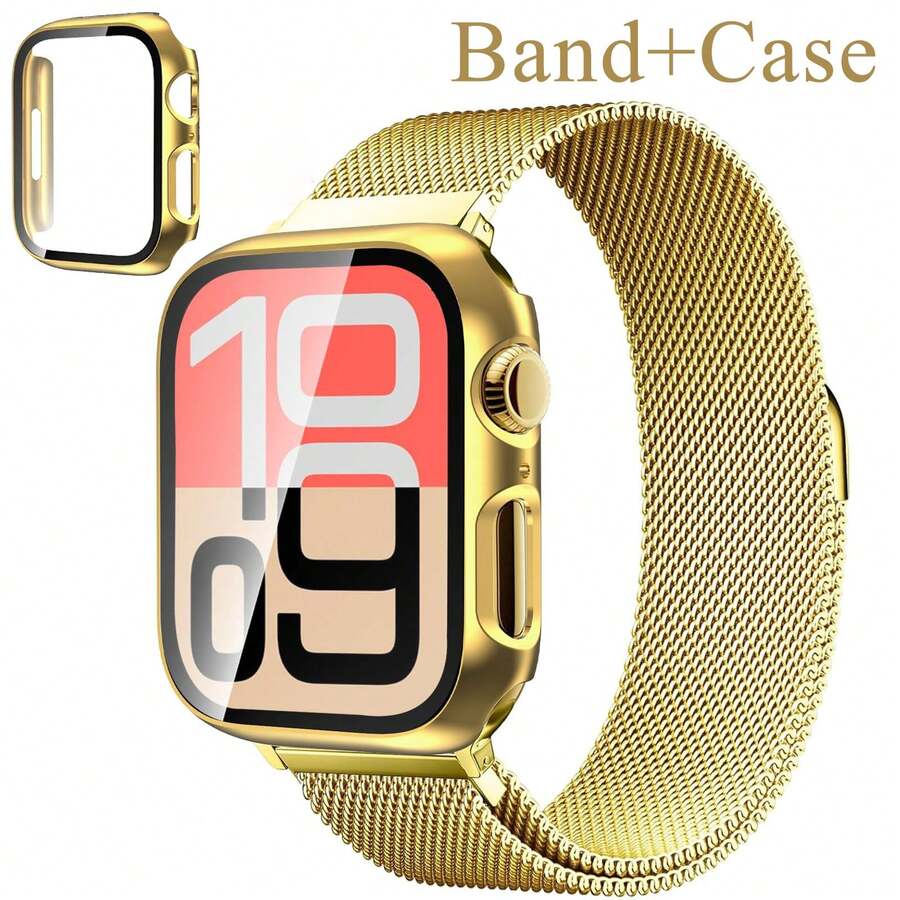 磁吸錶帶與保護殼套組,適用 40mm 41mm 42mm 44mm 45mm 46mm 49mm 中性款,不鏽鋼米蘭尼斯環形錶帶,全覆蓋保護殼,適用 Series Ultra SE 11/10/9/8/7/6/5/4/3/2/1 - 金色 - 查看 1