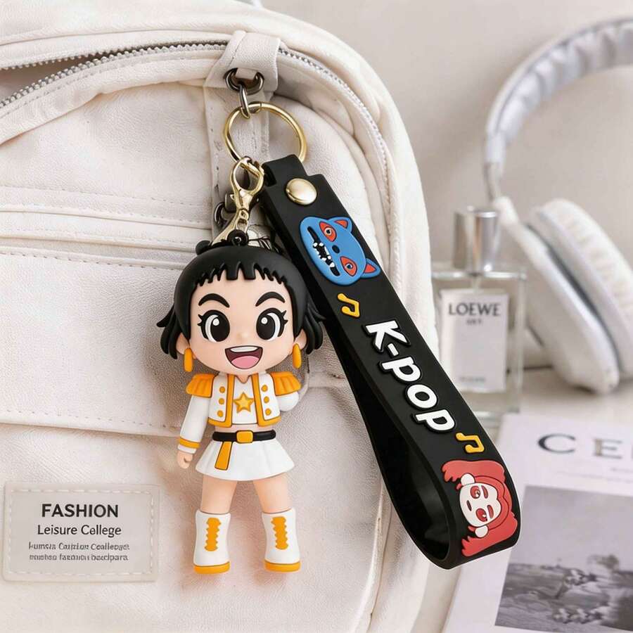 MINISO Hunter Squad K-Pop 娃娃鑰匙圈,黑髮女孩公仔鑰匙環附黑色掛繩,可愛動漫背包吊飾,包包掛飾,汽車鑰匙配件,送給朋友的禮物 - 樣式 1 - 查看 1