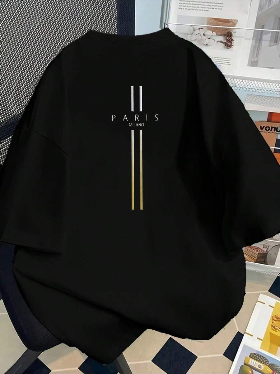 Modern Black T-Shirt, Stylish Paris Milano Urban Graphic Design, Comfortable Casual Fashion For Young People, One Size Fits All, Black Streetwear Clothing - 黑色 - 查看 1