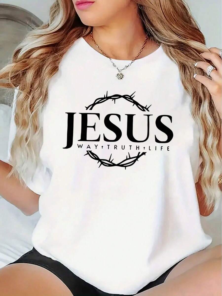 Women's Polyester T-Shirt With Religious Print "Road, Truth, Life", Black, Short Sleeve, Suitable For Parties, Casual Wear At Home, Christmas, Thanksgiving And Halloween, Offering A Lightweight And Comfortable Wearing Experience, 100% Cotton. - 白色 - 查看 1