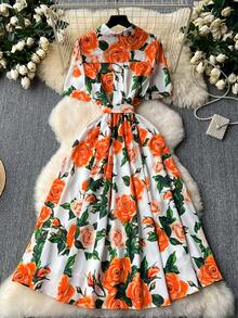 Elegant Women's Floral Print Dress With Short Sleeves, Lapel Collar, And Fitted Waist - Romantic Rose Design, Perfect For Spring Outings, Garden Parties, And Casual Events | Garden Party Dress | Floral Print Dress | Stylish Dress - 象牙白色 - 查看 2