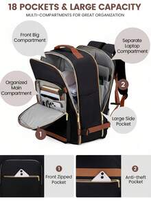 NEWHEY 40L 旅遊後背包，航空公司認可登機包，含 3 個收納袋，TSA 過夜包，防水個人物品包，週末必備後背包，適合 17 吋筆電 - 黑色 - 查看 2