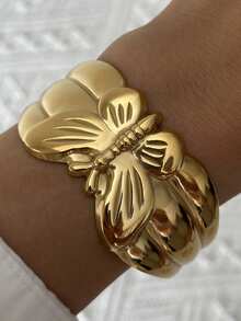 1pc Stainless Steel 3D Butterfly Open Bangle Bracelet, Suitable For Women's Daily Wear - Gold - View 1