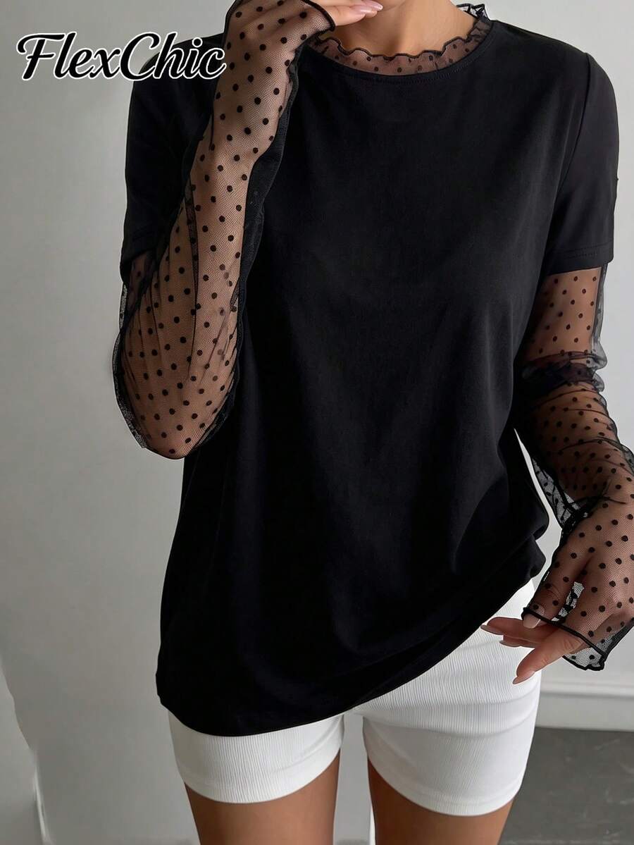 FLEXCHIC New Fashionable Elegant Solid Color Casual Versatile Ruched Waist T-Shirt, Suitable For Daily Wear, School, Beach, Vacation And Home Black - Black - View 1