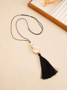 1pc Elegant Fashion Vintage Exaggerated Geometric Wax Cord Y-Shaped Tassel Resin Seashell Pendant Charm Jewelry Necklace, Luxurious & Chic, Suitable For Wedding, Banquet, Vacation, Party, Daily Casual, Street Style, Women, Couples, Holiday, Birthday, Versatile Necklace Gift - Necklace - View 6