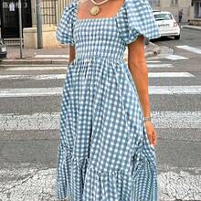 yonghongmaoyi1 Vestido casual elegante bohemio de mujer a cuadros para primavera/verano 2026 con cintura ceñida, mangas abullonadas, volantes en el bajo, verde lavado, adecuado para conciertos, calle, oficina, fiesta, cumpleaños - Rojo - Ver 5