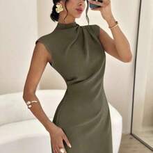 dahkjdgajy  Vestido largo de verano elegante y minimalista para uso diario, viajes y ocasiones casuales, con cuello mao, mangas drapeadas y cintura ceñida, color albaricoque - Verde militar - Ver 1