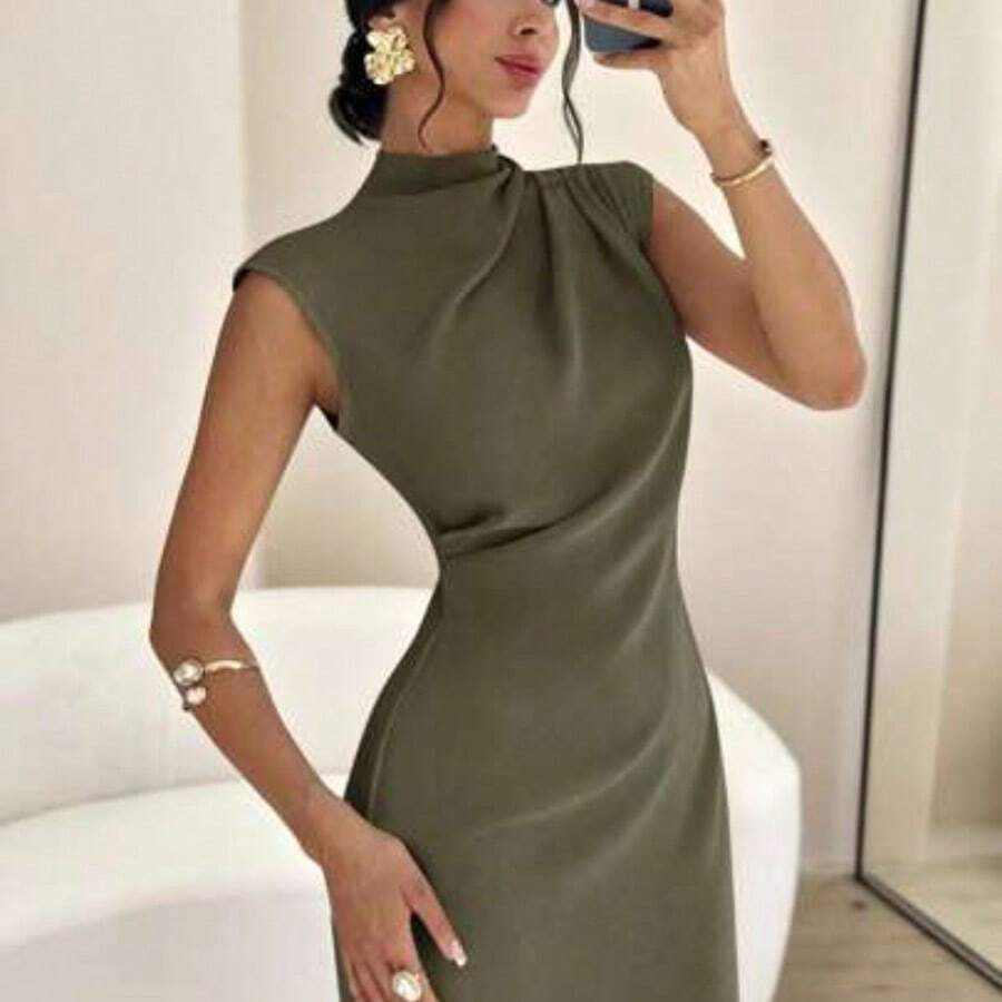 dahkjdgajy Vestido largo de verano elegante y minimalista para uso diario, viajes y ocasiones casuales, con cuello mao, mangas drapeadas y cintura ceñida, color albaricoque - Verde militar - Ver 1