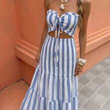 Vestido de tirantes finos con lazo en la cintura, estilo elegante y sexy con rayas, versátil para fechas, salidas, vacaciones, días festivos, vuelta al cole, atuendo de maestro, bodas, fiestas, festivales de música, Oktoberfest, Halloween, Acción de Gracias. Nuevos modelos de verano 2025. . - Azul y blanco - Ver 4