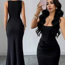 Nuevo vestido de verano sexy, vestido negro, vestido de sirena con cuello cuadrado francés, adorno de falso hueso, diseño de drapeado en la cintura, vestido de cola de pez, vestido para invitada de boda, adecuado para vacaciones, citas, fiestas, San Valentín, bodas AG - Azul marino - Ver 3